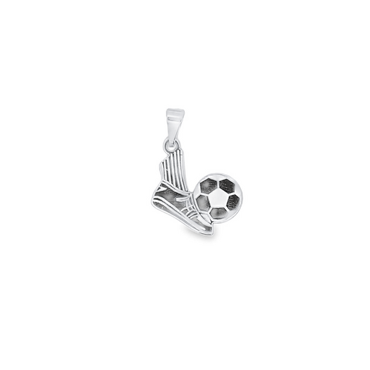 A silver soccer pendant features a cleat kicking a football.