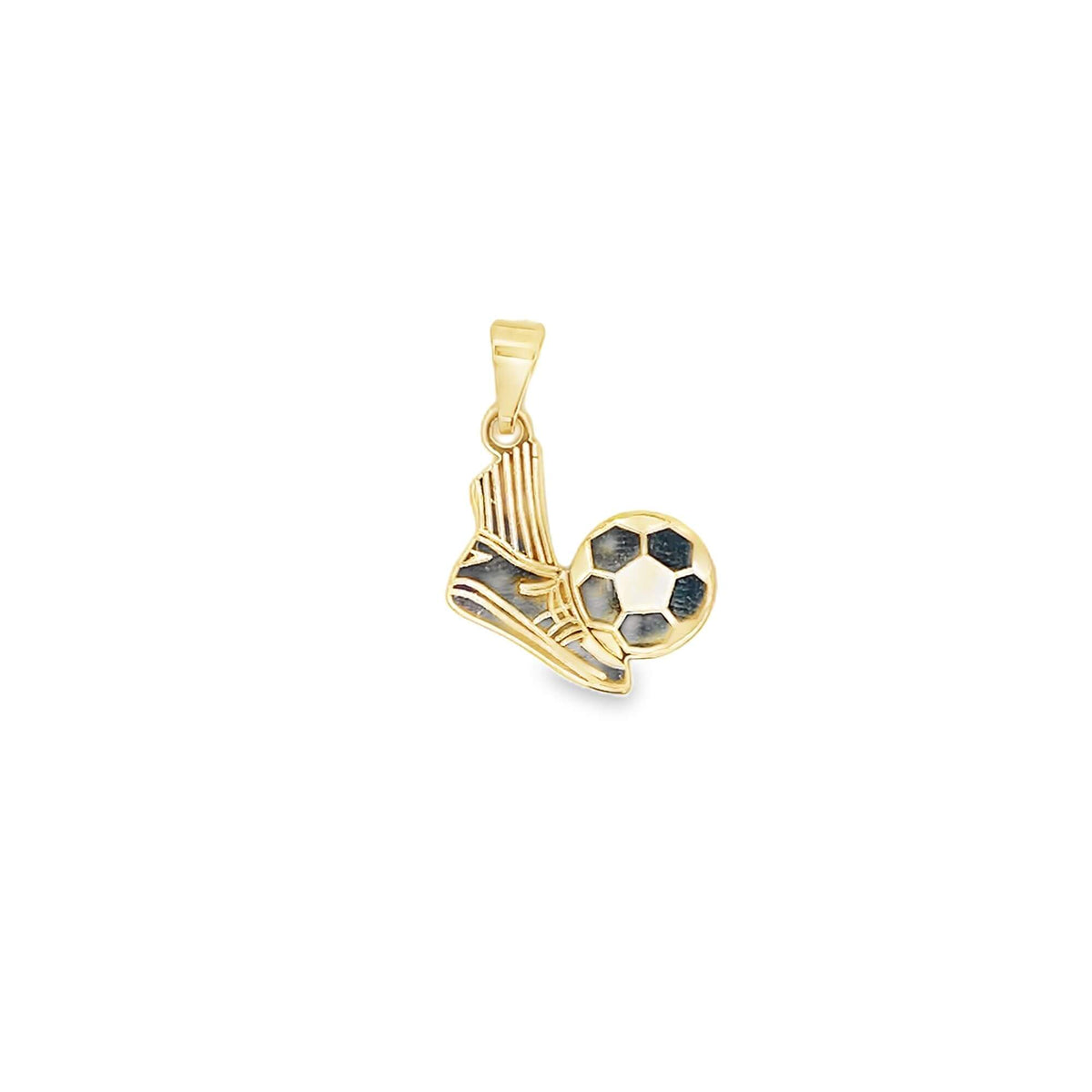 A gold pendant shaped like a soccer boot kicking a ball hangs against a white background.
