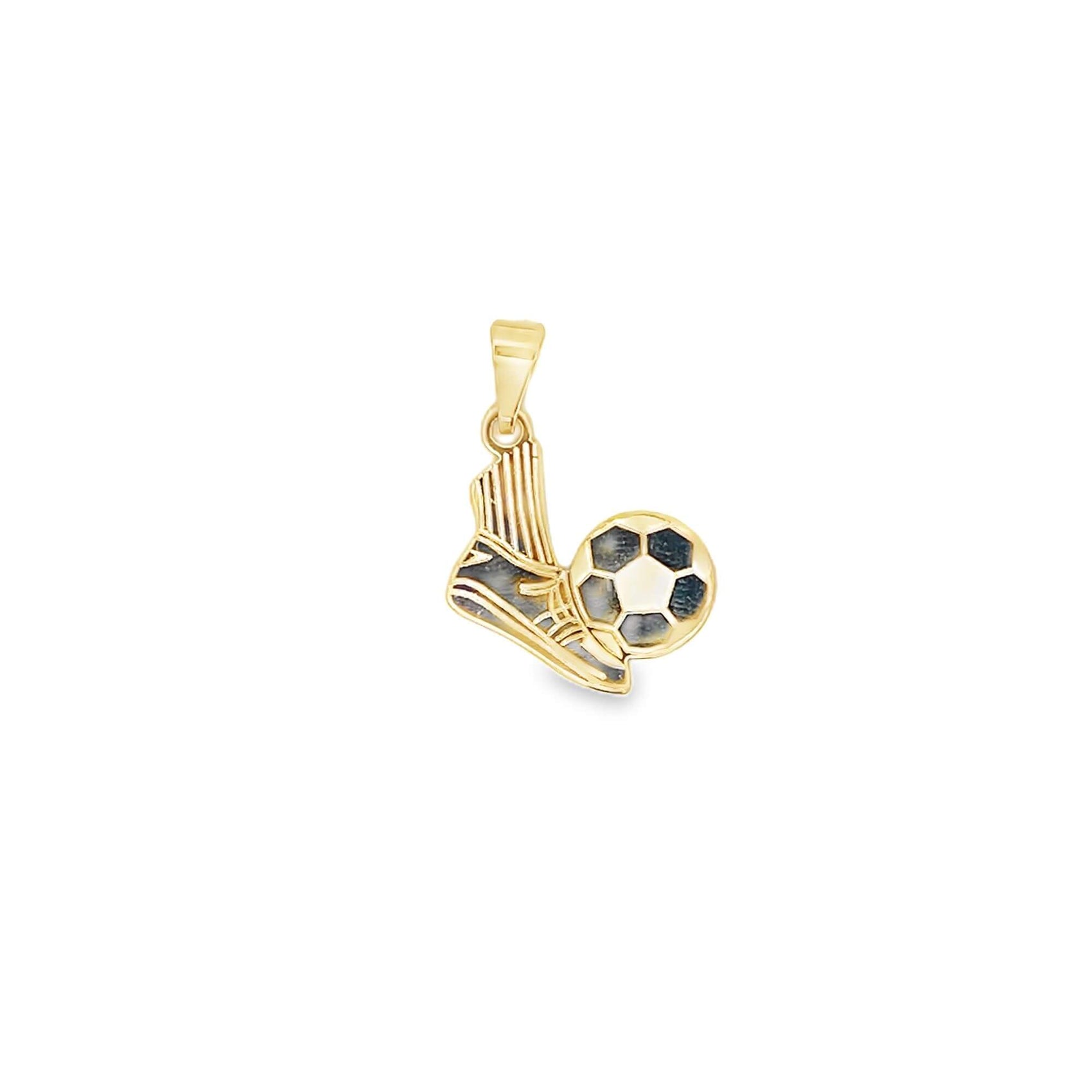 A gold pendant shaped like a soccer boot kicking a ball hangs against a white background.