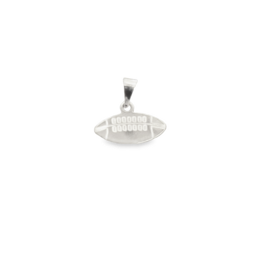 A sterling silver football pendant rests against a plain white background.