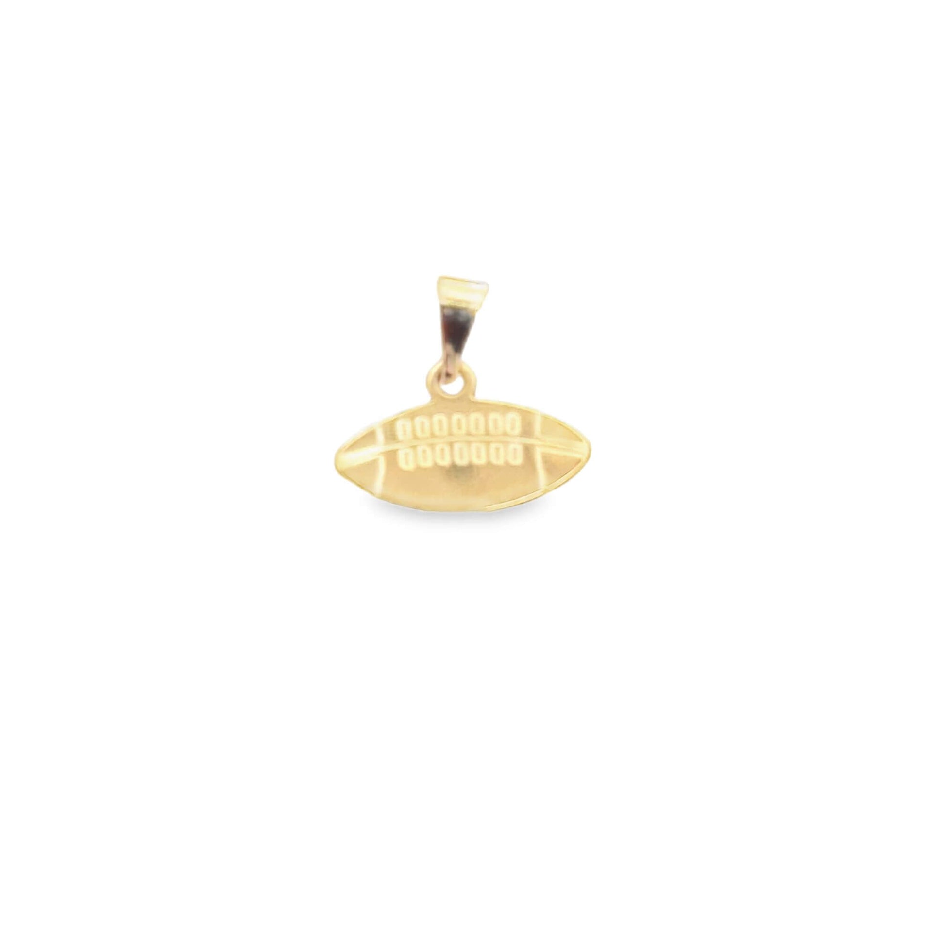 A shiny gold football pendant rests against a plain white background.
