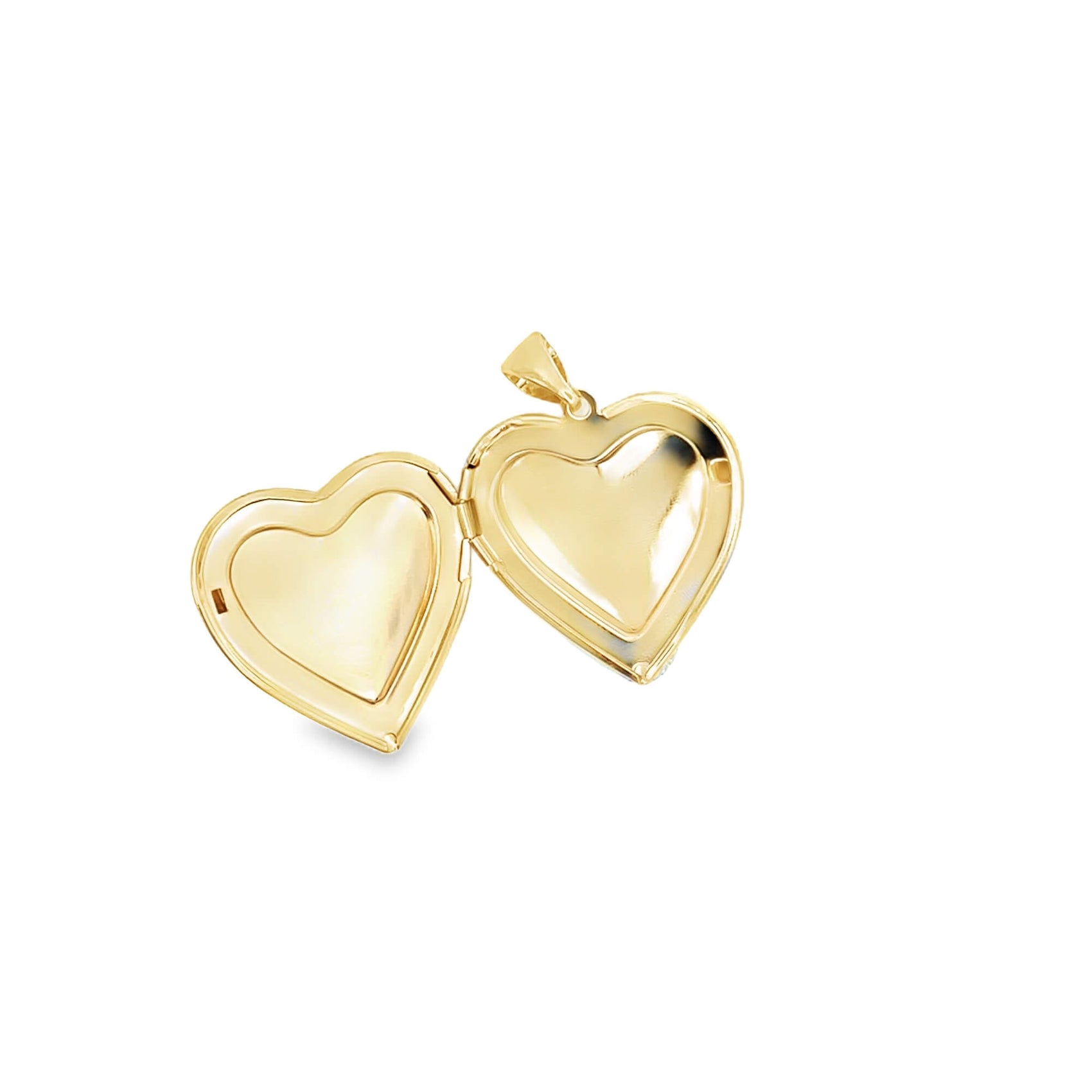 An open gold heart locket pendant gleams against a clean white background.