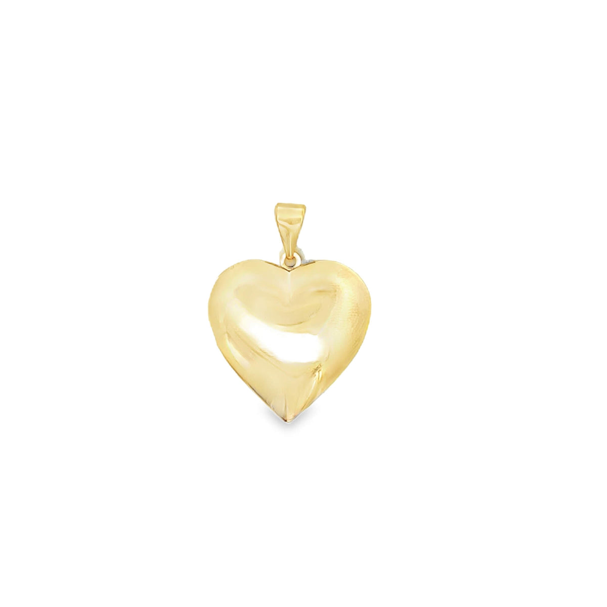 A smooth, polished yellow gold heart pendant glimmers against a clean white background.