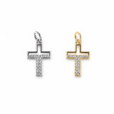 Elegant pave cross charm featuring brilliant round cubic zirconia in an open-frame design. Crafted in 18K Gold Filled and Rhodium for necklaces, hoop earrings, and bracelets.