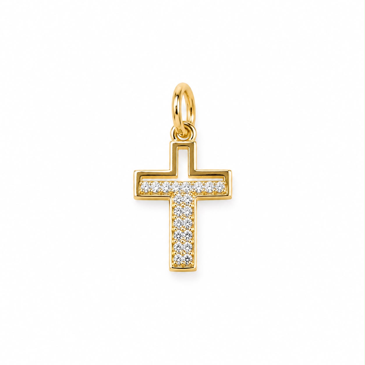 Elegant pave cross charm featuring brilliant round cubic zirconia in an open-frame design. Crafted in 18K Gold Filled and Rhodium for necklaces, hoop earrings, and bracelets.