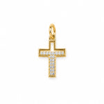 Elegant pave cross charm featuring brilliant round cubic zirconia in an open-frame design. Crafted in 18K Gold Filled and Rhodium for necklaces, hoop earrings, and bracelets.