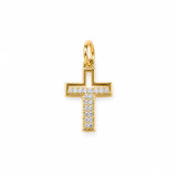 Elegant pave cross charm featuring brilliant round cubic zirconia in an open-frame design. Crafted in 18K Gold Filled and Rhodium for necklaces, hoop earrings, and bracelets.