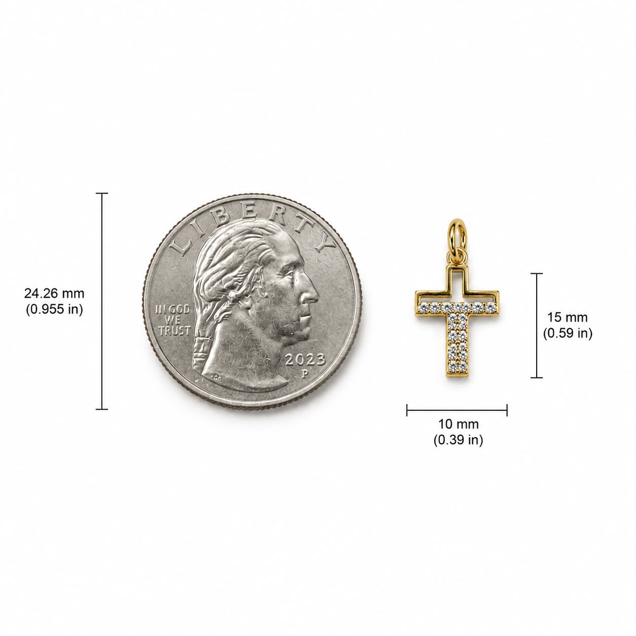 Elegant pave cross charm featuring brilliant round cubic zirconia in an open-frame design. Crafted in 18K Gold Filled and Rhodium for necklaces, hoop earrings, and bracelets.
