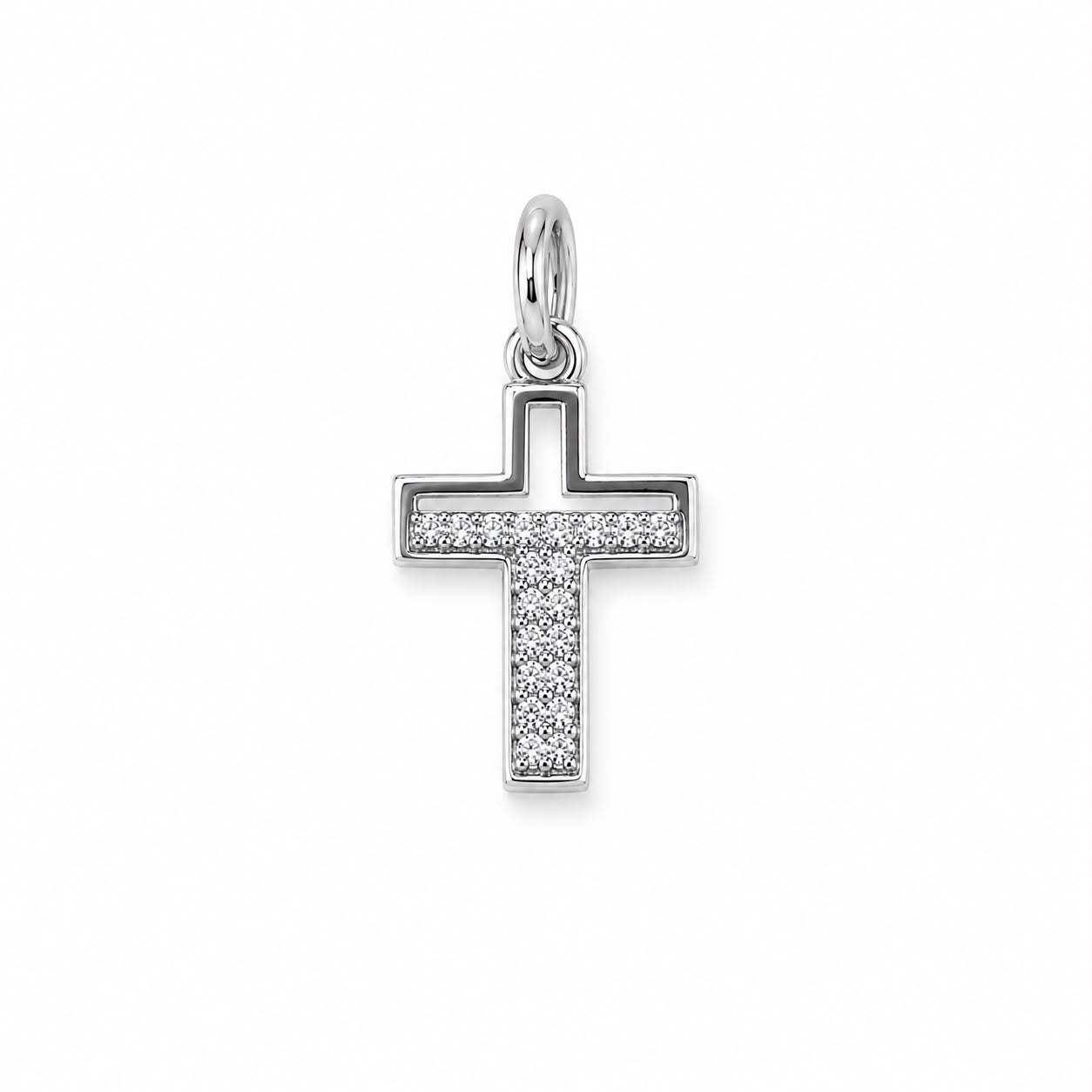 Elegant pave cross charm featuring brilliant round cubic zirconia in an open-frame design. Crafted in 18K Gold Filled and Rhodium for necklaces, hoop earrings, and bracelets.