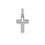 Elegant pave cross charm featuring brilliant round cubic zirconia in an open-frame design. Crafted in 18K Gold Filled and Rhodium for necklaces, hoop earrings, and bracelets.