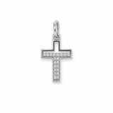 Elegant pave cross charm featuring brilliant round cubic zirconia in an open-frame design. Crafted in 18K Gold Filled and Rhodium for necklaces, hoop earrings, and bracelets.