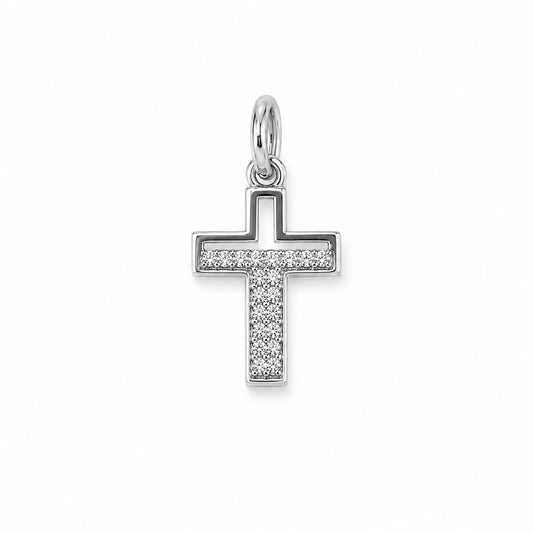 A sparkling silver cross pendant adorned with cubic zirconia stones gleams against a plain white background.