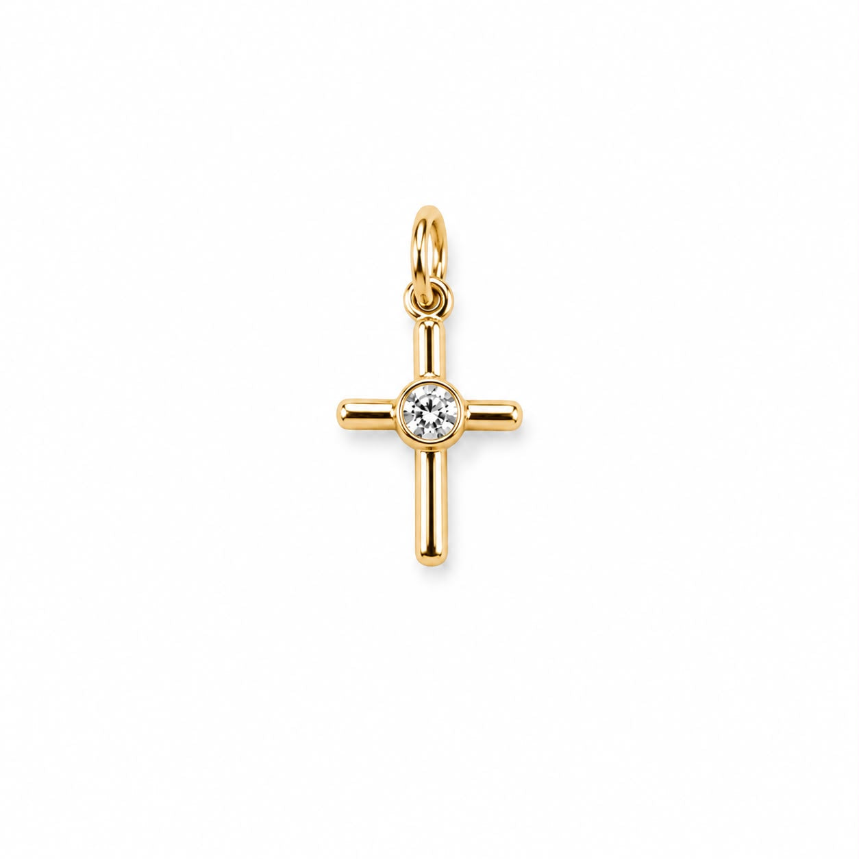 Minimalist cross charm with a bezel-set round cubic zirconia center. Crafted in 18K Gold Filled and Rhodium for necklaces, bracelets, and hoop earrings.