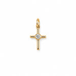 Minimalist cross charm with a bezel-set round cubic zirconia center. Crafted in 18K Gold Filled and Rhodium for necklaces, bracelets, and hoop earrings.
