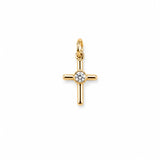 Minimalist cross charm with a bezel-set round cubic zirconia center. Crafted in 18K Gold Filled and Rhodium for necklaces, bracelets, and hoop earrings.