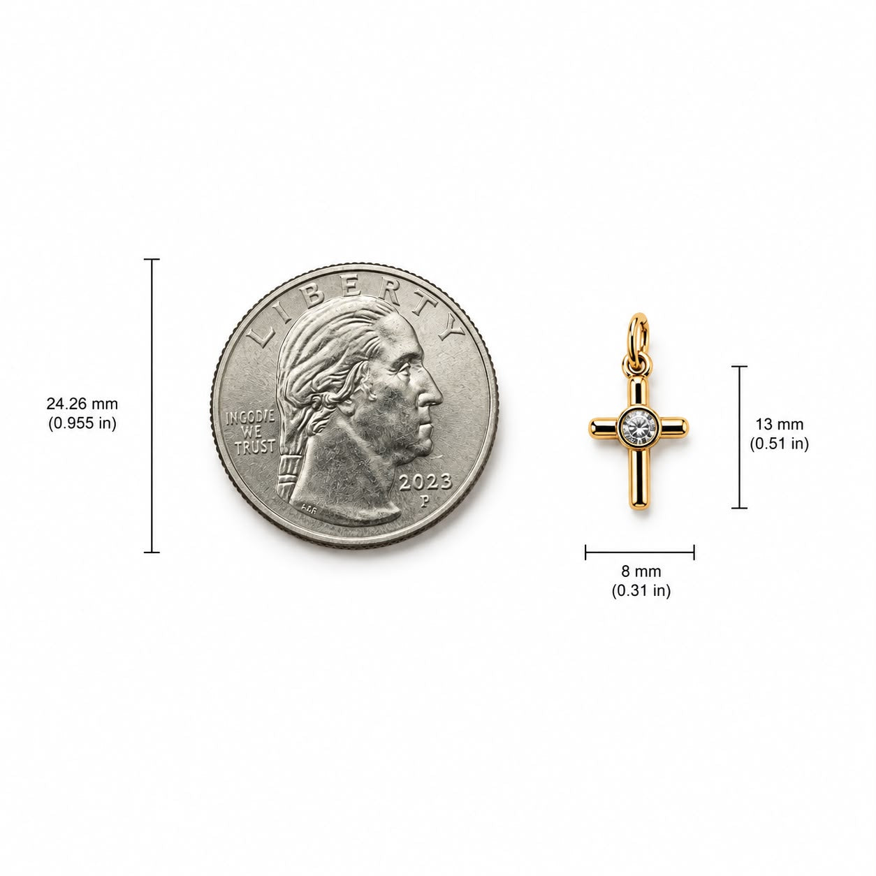 Minimalist cross charm with a bezel-set round cubic zirconia center. Crafted in 18K Gold Filled and Rhodium for necklaces, bracelets, and hoop earrings.