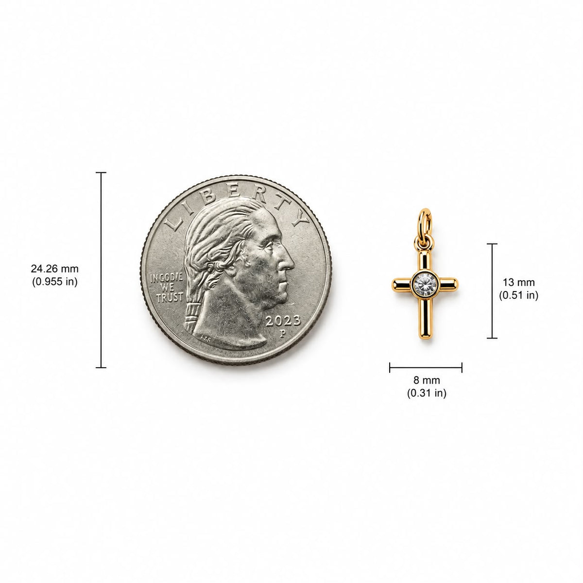 A gold cross pendant with a central cubic zirconia gemstone is displayed next to a US quarter for size comparison, featuring dimension measurements of 13mm by 8mm.