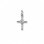 Minimalist cross charm with a bezel-set round cubic zirconia center. Crafted in 18K Gold Filled and Rhodium for necklaces, bracelets, and hoop earrings.
