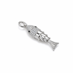 18K Gold Filled fish pendant charm featuring sparkling Cubic Zirconia pave, black CZ eyes and an articulated movable tail. Perfect for necklaces and charm bracelets.