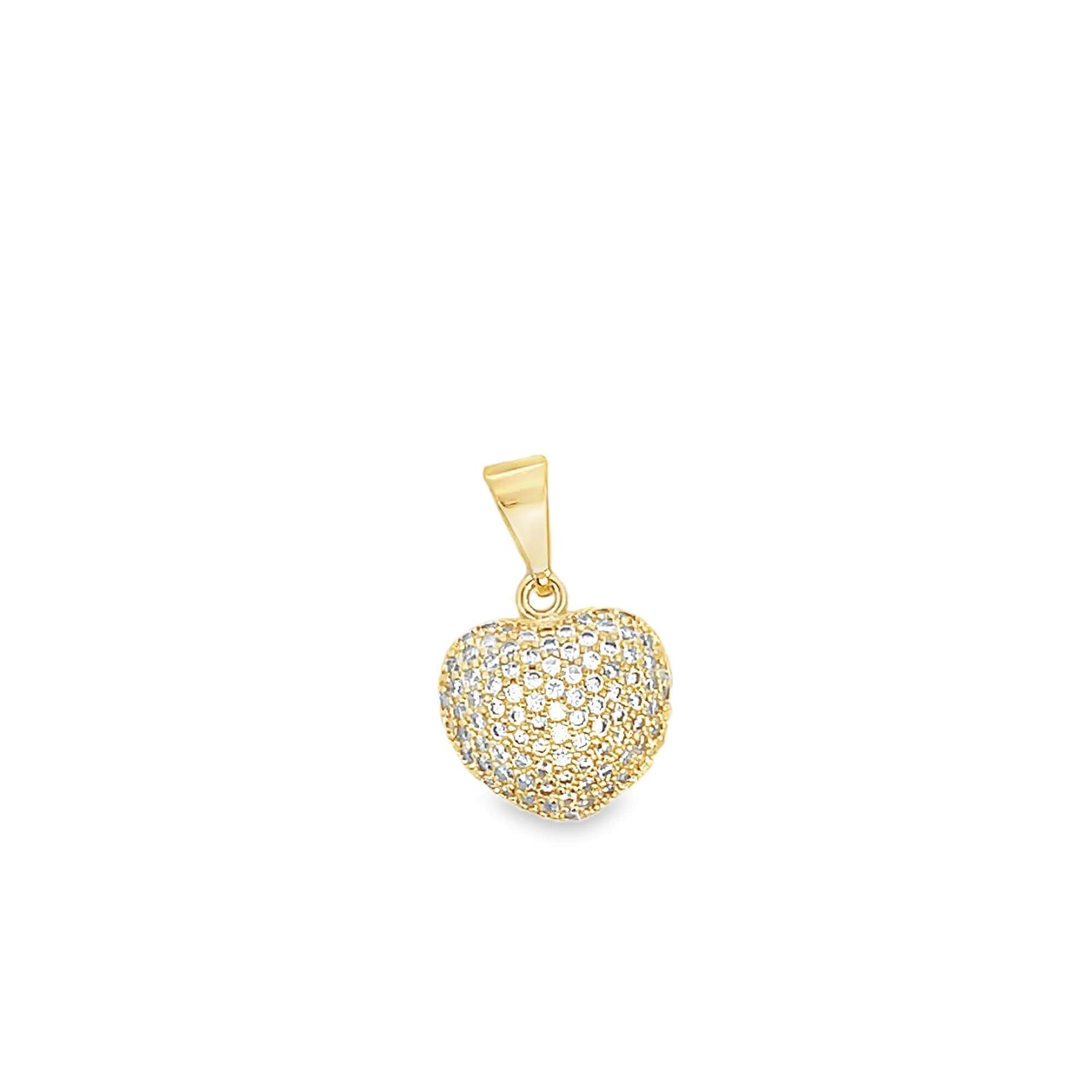 A gold heart-shaped pendant encrusted with sparkling cubic zirconia stones gleams against a plain white background.