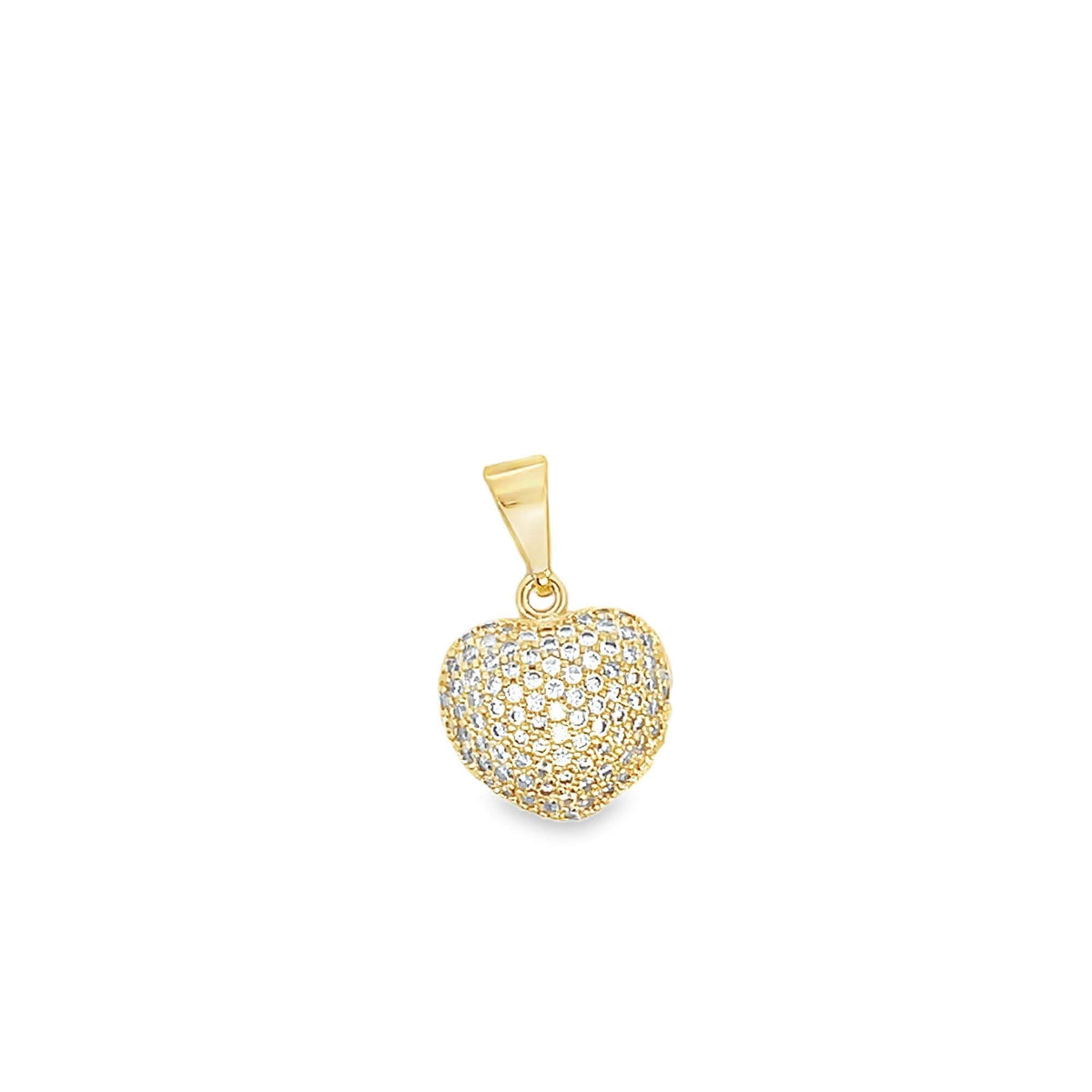 A gold heart-shaped pendant encrusted with sparkling cubic zirconia stones gleams against a plain white background.