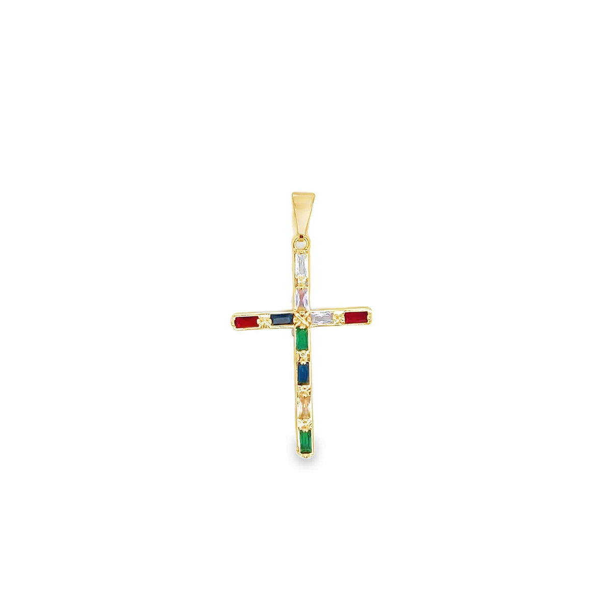 A gold cross pendant features multicolored baguette-cut stones embedded along its frame against a white background.