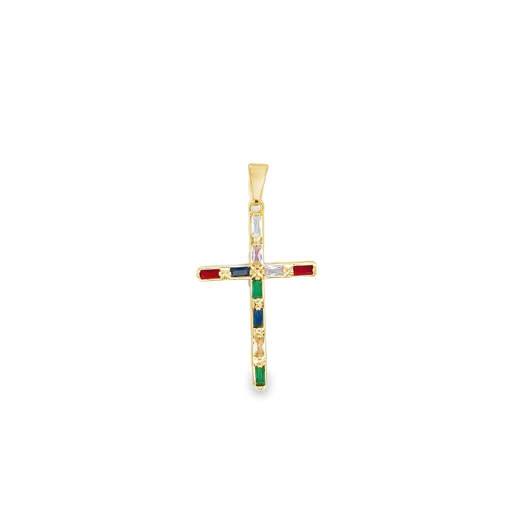 A gold cross pendant features multicolored baguette-cut stones embedded along its frame against a white background.