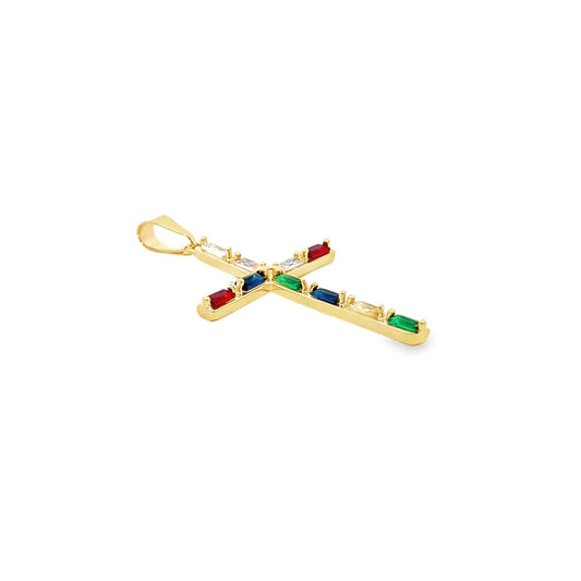 A gold cross pendant features a vibrant arrangement of colorful baguette gemstones embedded along its arms.