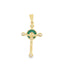 A gold crucifix pendant features sparkling diamond accents and a vibrant green emerald halo framing the center.