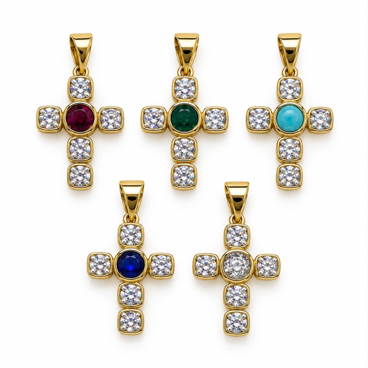 Shop a 18K Gold Filled cross pendant featuring a colorful center stone and sparkling clear CZ accents. Available in multiple stone color options.