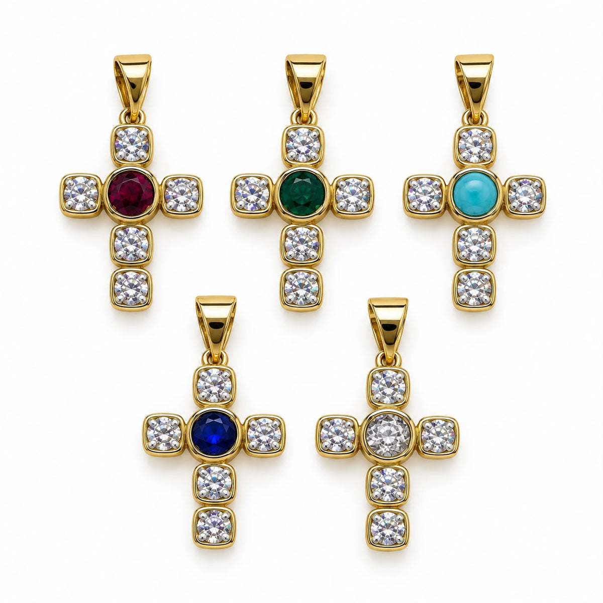Shop a 18K Gold Filled cross pendant featuring a colorful center stone and sparkling clear CZ accents. Available in multiple stone color options.
