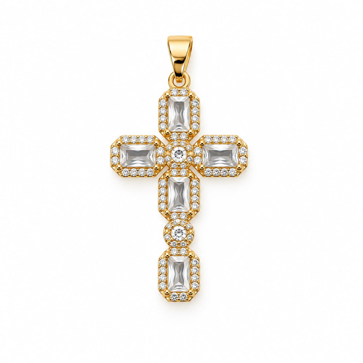 Elegant Radiant Cross Pendant featuring faceted stones and a sparkling pave border. Available in 18K Gold Filled and  with multiple color options.