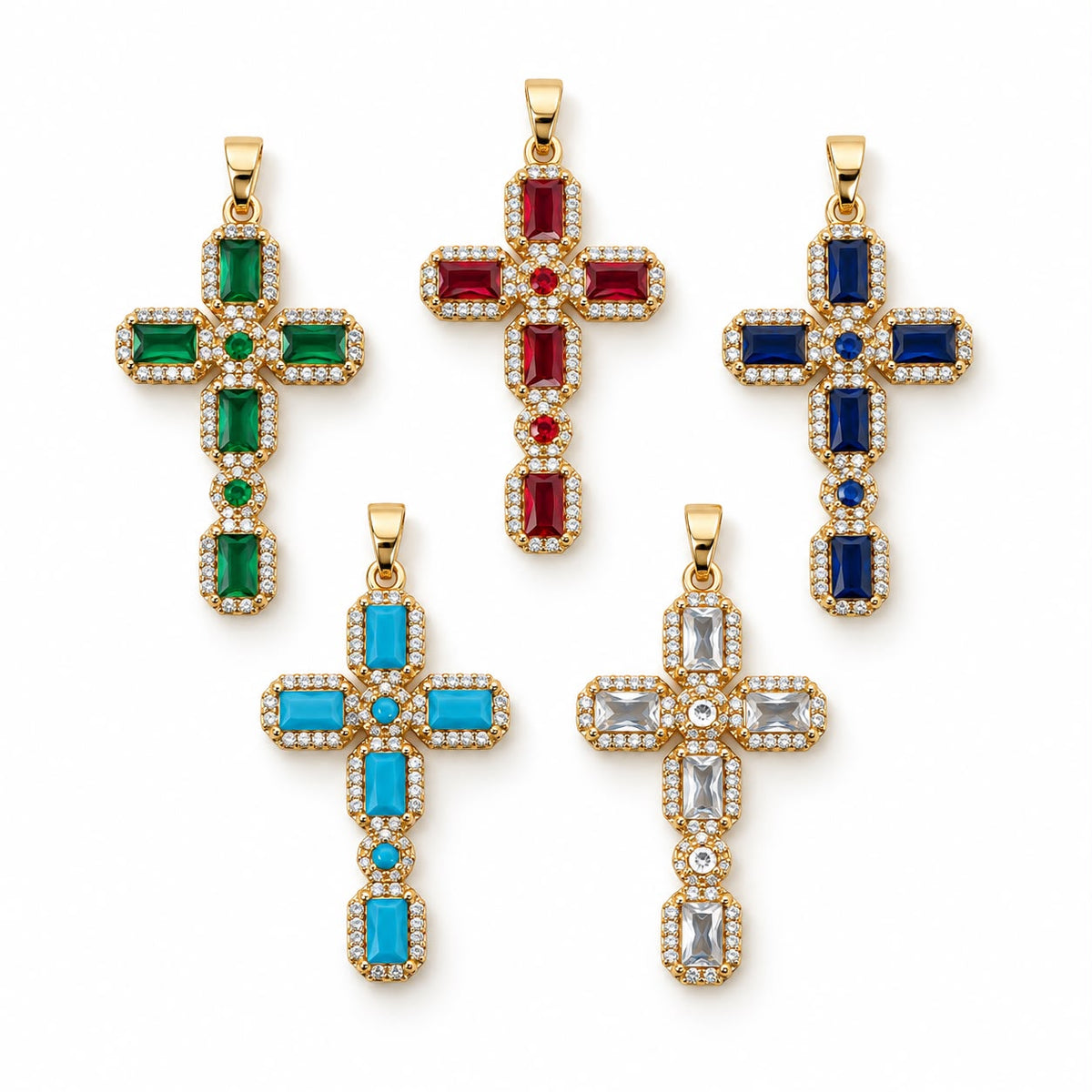 Elegant Radiant Cross Pendant featuring faceted stones and a sparkling pave border. Available in 18K Gold Filled and  with multiple color options.