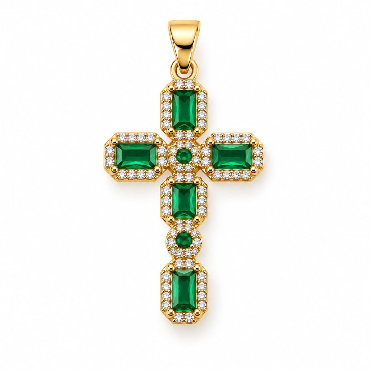 Elegant Radiant Cross Pendant featuring faceted stones and a sparkling pave border. Available in 18K Gold Filled and  with multiple color options.