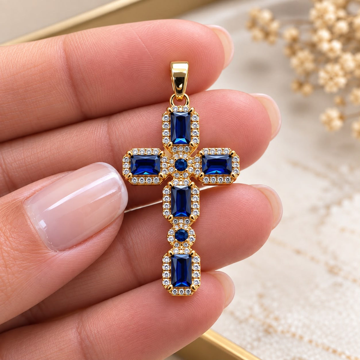 Elegant Radiant Cross Pendant featuring faceted stones and a sparkling pave border. Available in 18K Gold Filled and  with multiple color options.