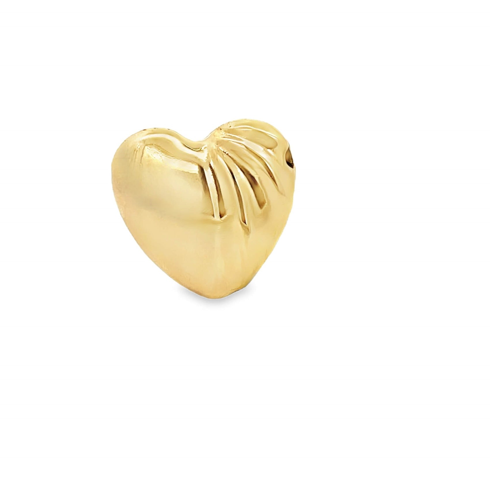 A polished gold heart charm features textured pleated detailing along one side.