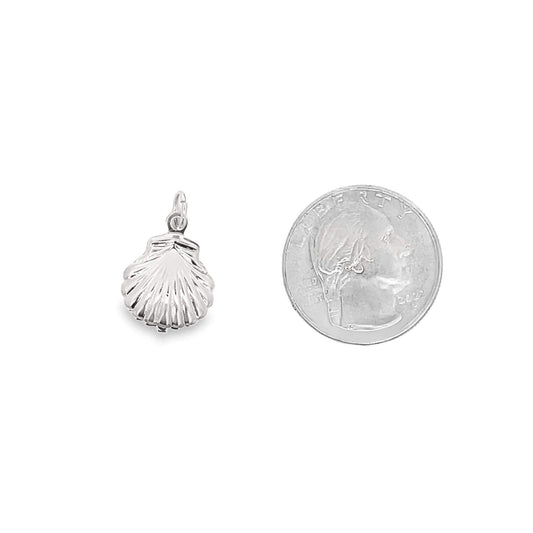 A polished silver seashell charm rests next to a US quarter coin to display its actual size.