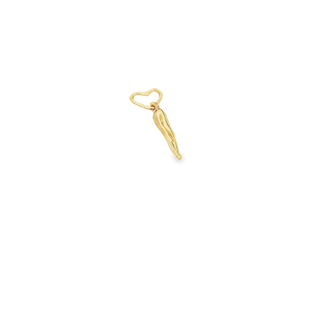A gold chili pepper charm hangs gracefully from a delicate heart-shaped bail.