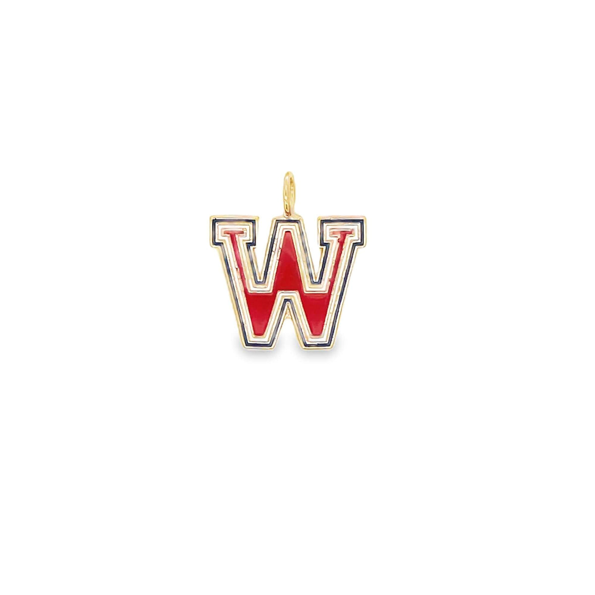 A gold initial W pendant charm features vibrant red and white enamel inlay.