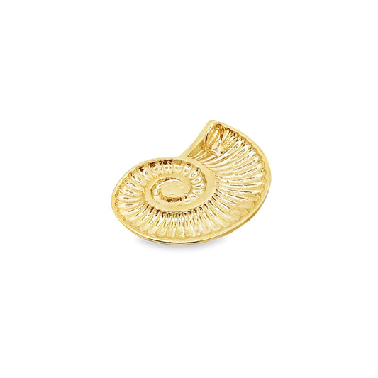 A shiny gold ammonite fossil pendant rests isolated on a white background.
