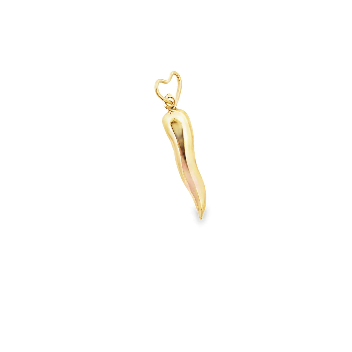 A gleaming gold Italian horn pendant hangs from a delicate heart-shaped bail against a clean white background.