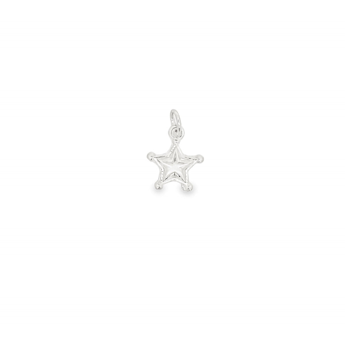 A shiny sterling silver star charm dangles against a clean white background.