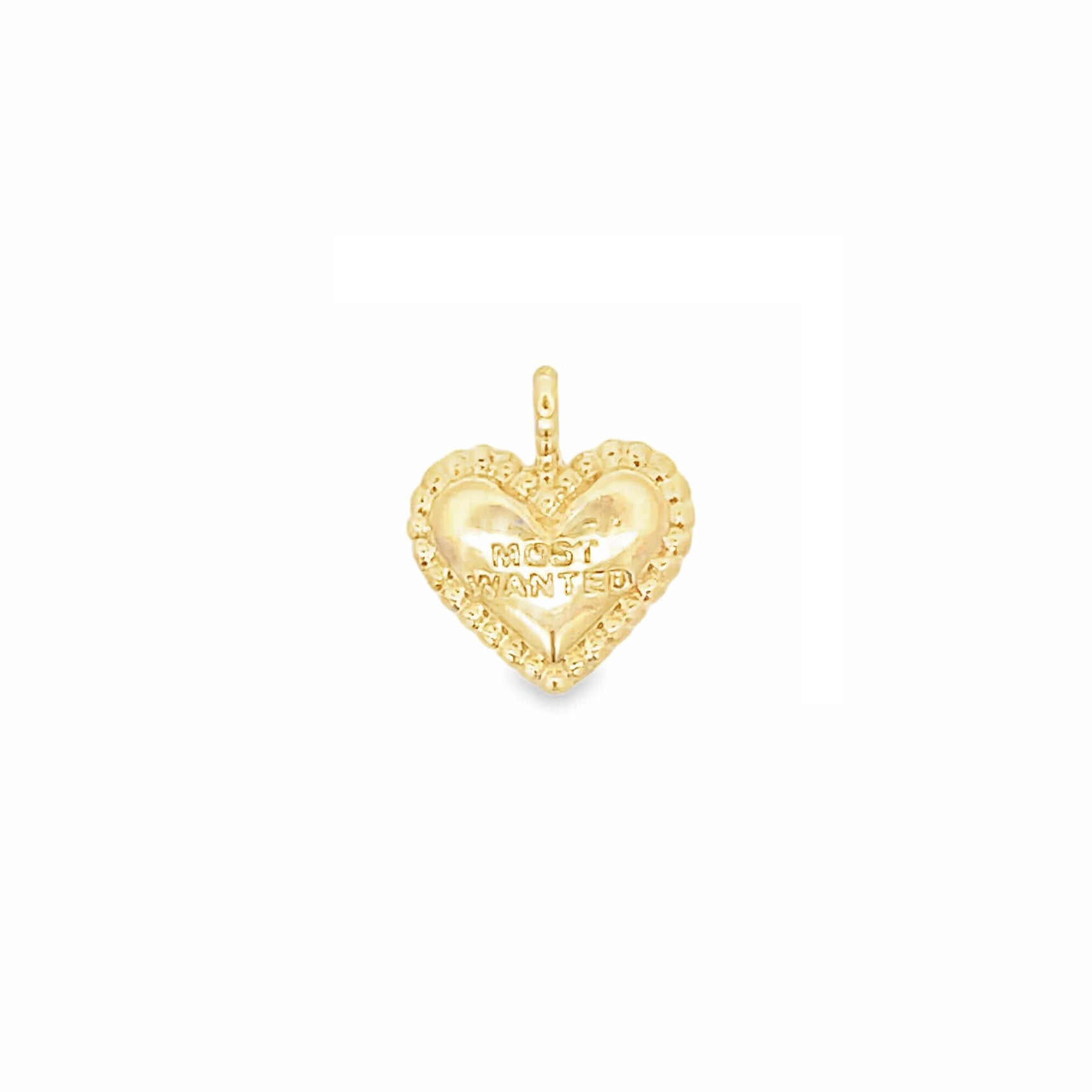 A gold heart-shaped pendant featuring a textured beaded border and the engraved text "MOST WANTED" sits centered against a white background.