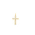 A gold cross pendant features embedded white pearls against a plain white background.