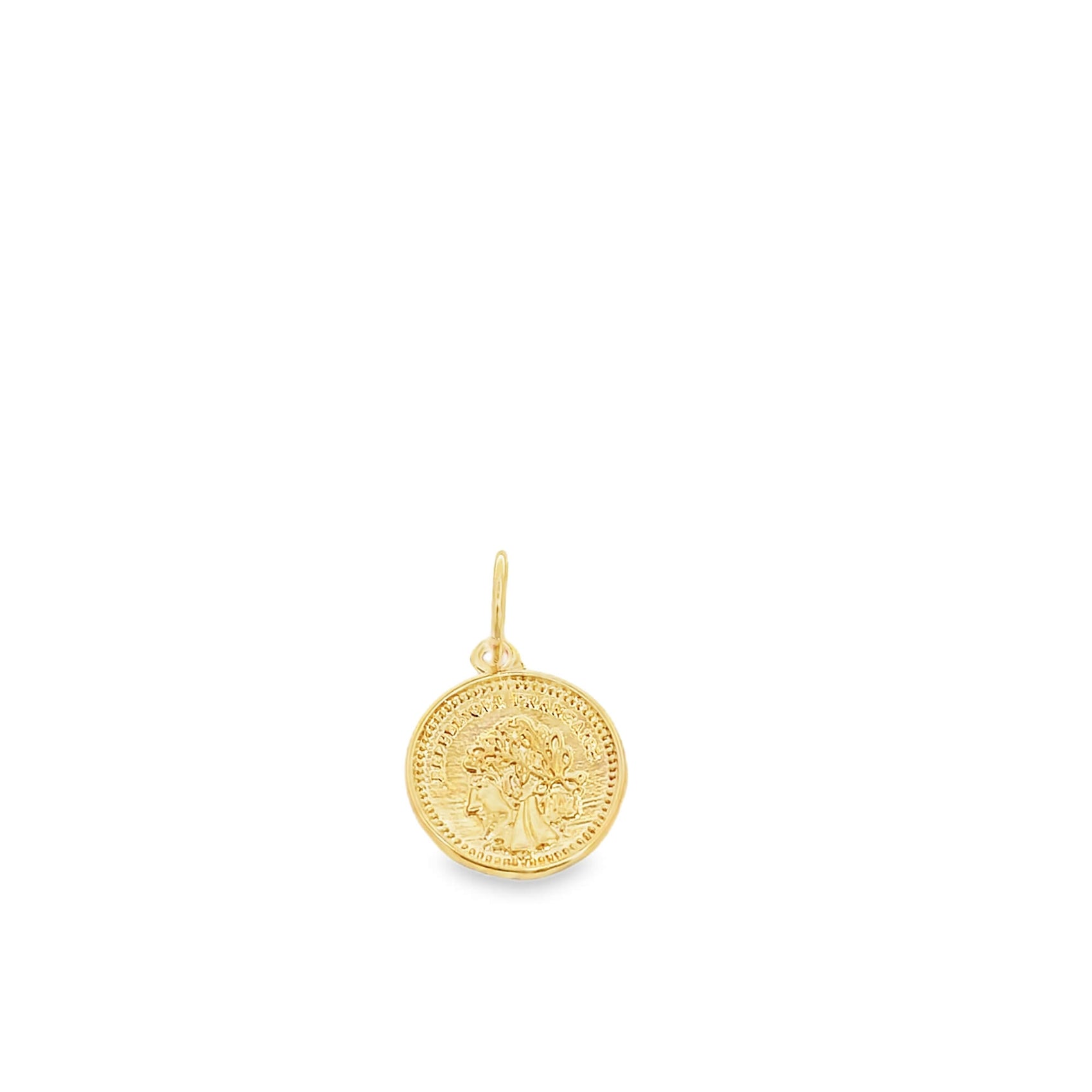 A round gold coin charm featuring an engraved classical profile portrait hangs isolated on a white background.