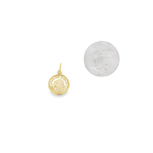 A round gold pendant coin charm sits next to a silver quarter for size comparison.
