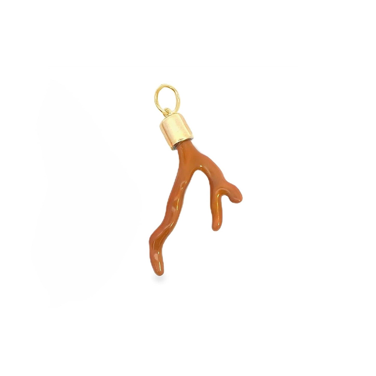 A polished orange-brown coral branch pendant features a gold cap and bail on a clean white background.