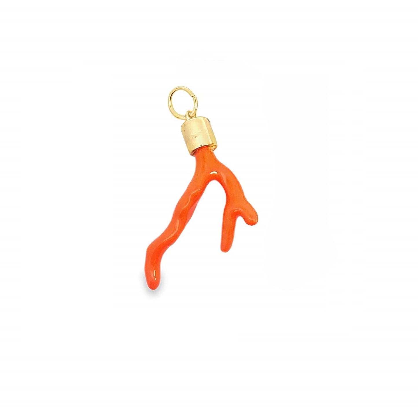 A vibrant orange coral branch pendant features a polished gold cap and bail on a clean white background.