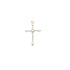 A delicate gold cross pendant features an arrangement of lustrous white freshwater pearls.