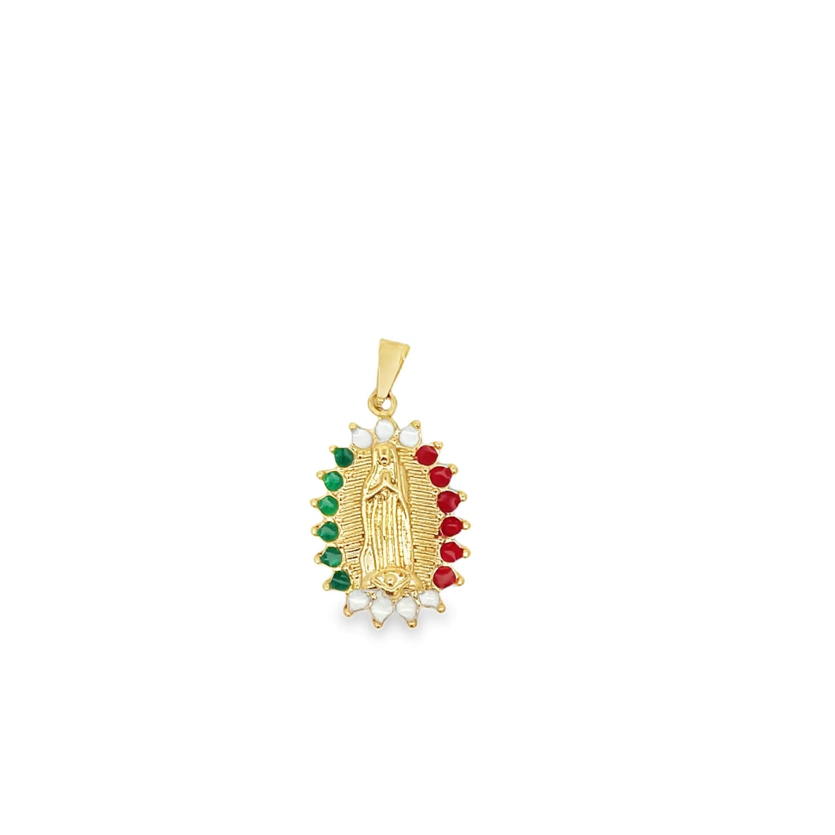 A gold Our Lady of Guadalupe pendant features a halo of alternating green, white, and red gemstones.